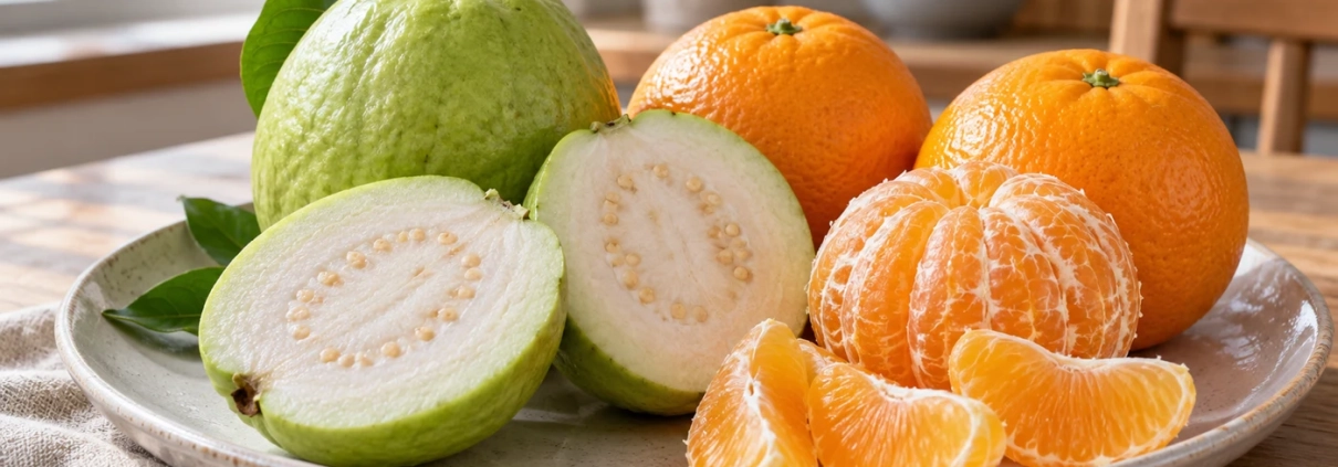 ฝรั่งกับส้มในมื้อประจำวัน: เลือกผลไม้ทั้งผลอย่างพอดี 1 ฝรั่งทั้งผล ฝรั่งผ่าครึ่ง ส้มทั้งผล และกลีบส้มบนจานเซรามิก