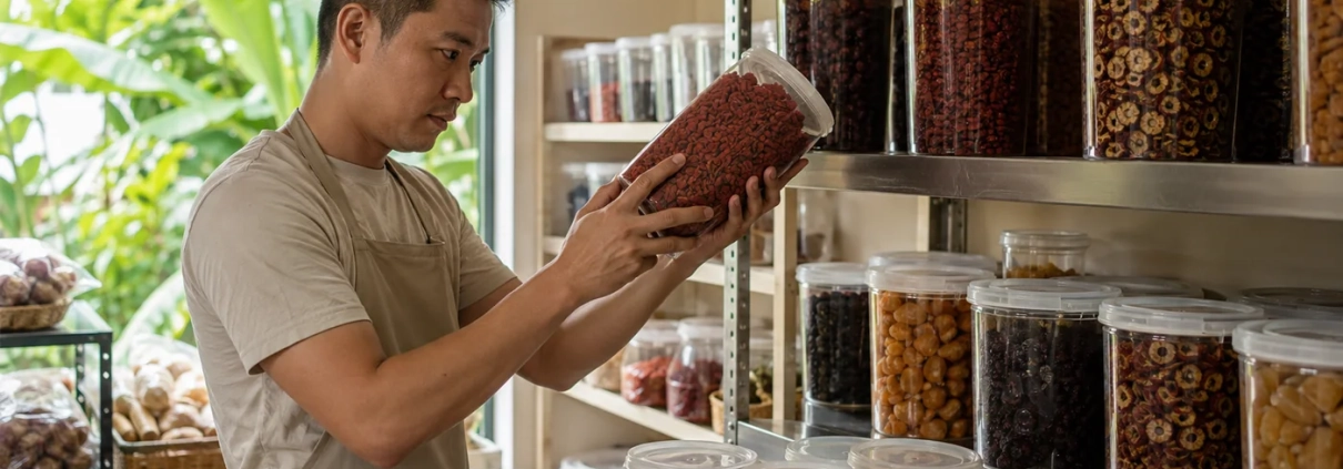 เจอใย ผง หรือแมลงในชั้นผลไม้แห้ง: แผน IPM 24 ชั่วโมงสำหรับร้านเล็ก 1 พนักงานตรวจภาชนะผลไม้แห้งบนชั้นเก็บที่สะอาด