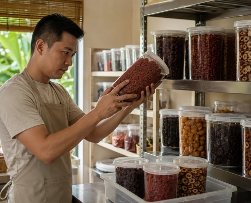 พนักงานตรวจภาชนะผลไม้แห้งบนชั้นเก็บที่สะอาด