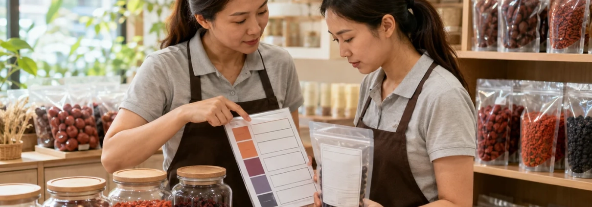 ทำ Product Knowledge Card ผลไม้แห้งสำหรับพนักงานใหม่: ตอบจากฉลาก ไม่เดาสรรพคุณ 1 พนักงานผู้ใหญ่สองคนตรวจการ์ดข้อมูลเทียบกับถุงผลไม้แห้ง