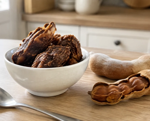 ภาพจำลองเนื้อมะขามเปียกในชามข้างฝักมะขามบนโต๊ะครัว