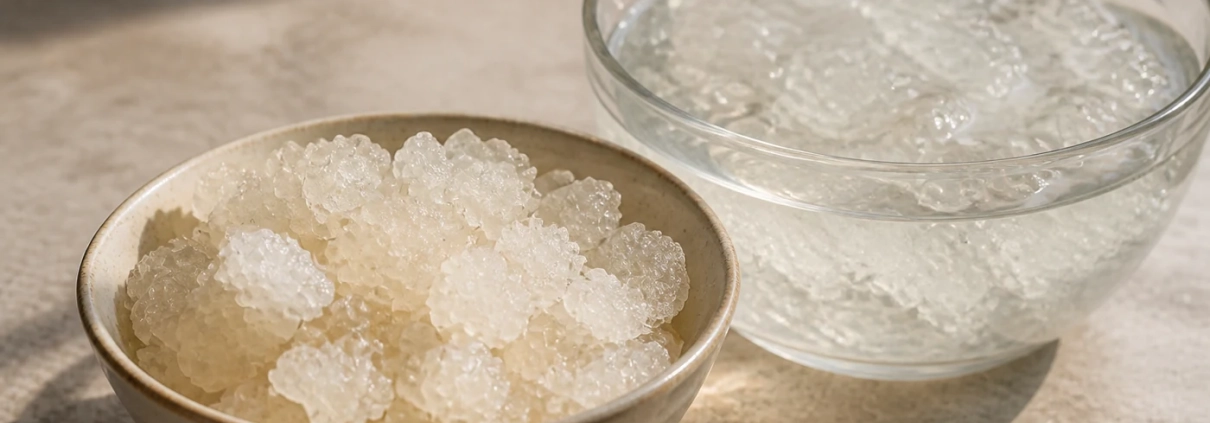 รังนกหิมะคืออะไร? คู่มือเลือก Gum Karaya ให้ไม่สับสนกับรังนกแท้ 1 รังนกหิมะ Gum Karaya แบบแห้งสีขาวขุ่นและชิ้นใสพองน้ำหลังแช่