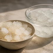 รังนกหิมะคืออะไร? คู่มือเลือก Gum Karaya ให้ไม่สับสนกับรังนกแท้ 1 รังนกหิมะ Gum Karaya แบบแห้งสีขาวขุ่นและชิ้นใสพองน้ำหลังแช่