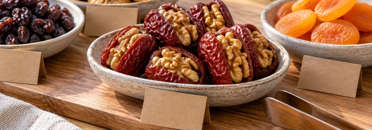 จัด Snack Board พุทราจีนสอดไส้วอลนัทอย่างไร: แยกคีม อ่านฉลาก ลดการสัมผัสข้าม 1 พุทราจีนสอดไส้วอลนัทในชามเฉพาะ แยกจากผลไม้แห้งอื่นและมีคีมสำหรับเสิร์ฟ
