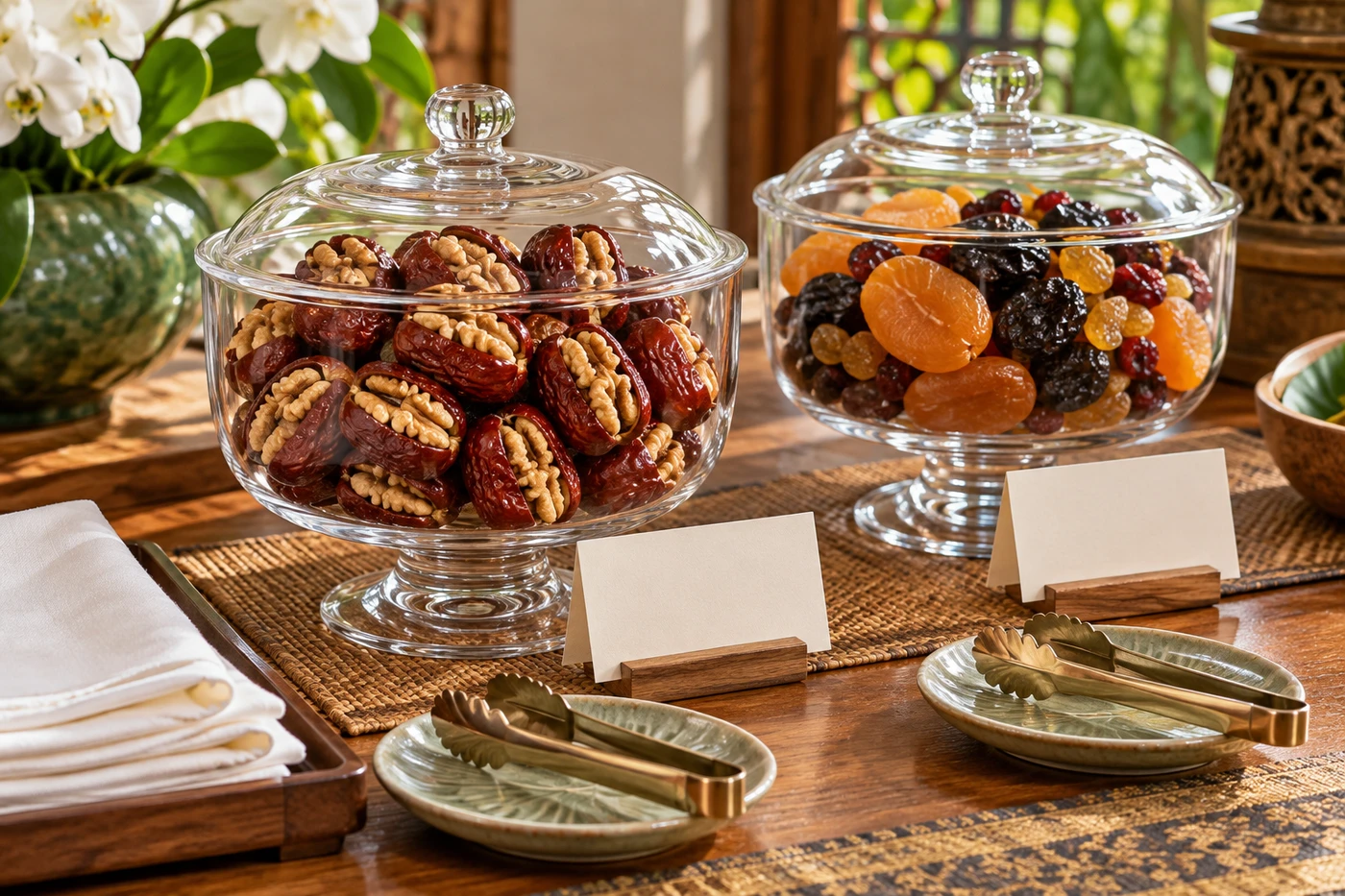 จัด Snack Board พุทราจีนสอดไส้วอลนัทอย่างไร: แยกคีม อ่านฉลาก ลดการสัมผัสข้าม 2 โหลแก้วสองใบแยกพุทราจีนสอดไส้วอลนัทออกจากผลไม้แห้ง พร้อมคีมคนละชุด